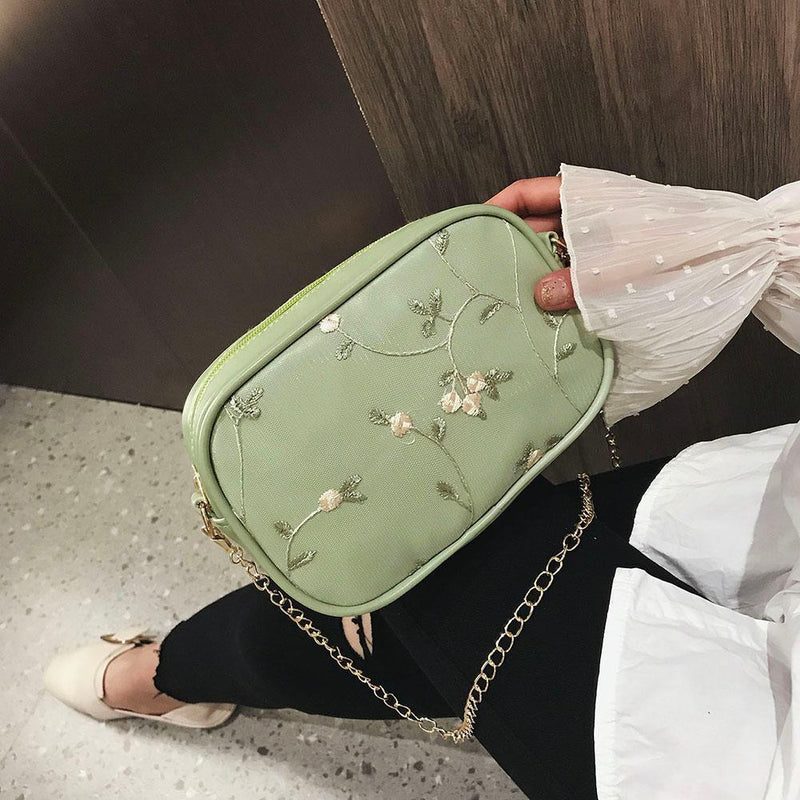 Lace Flower Shoulder Handbags Women Chain PU Leather Crossbody Bags (Green)