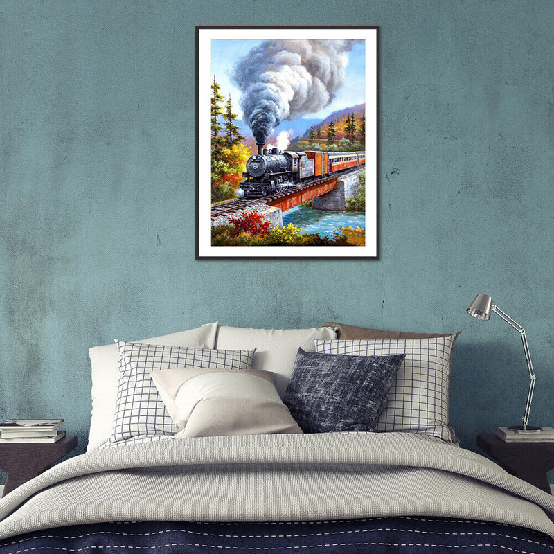 5D DIY Full Drill Round Shape Train Scene Rhinestone Diamond Drawing Home Decor