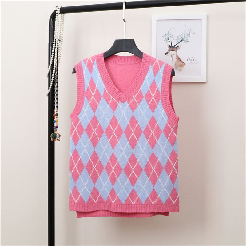 Y2K Loose sweater V Neck Knitwear top Plaid Knitted Sleeveless Sweater Vest