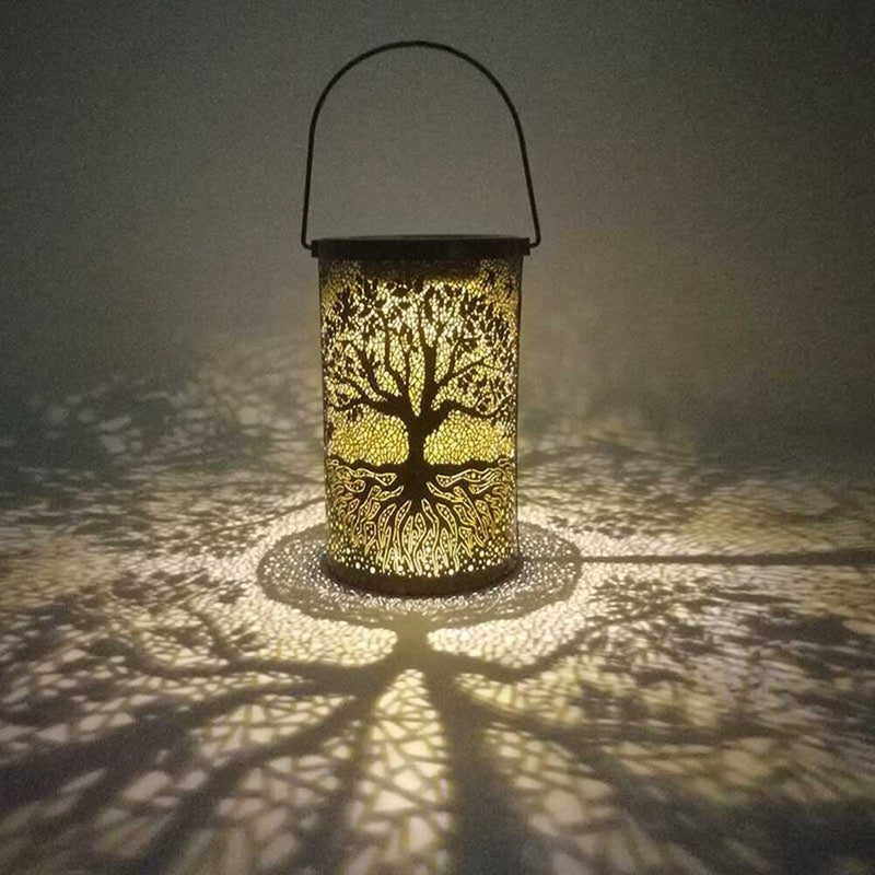 Metal LED Solar Light Hollow Tree Pattern Hanging Lamp Outdoor Garden Decoration