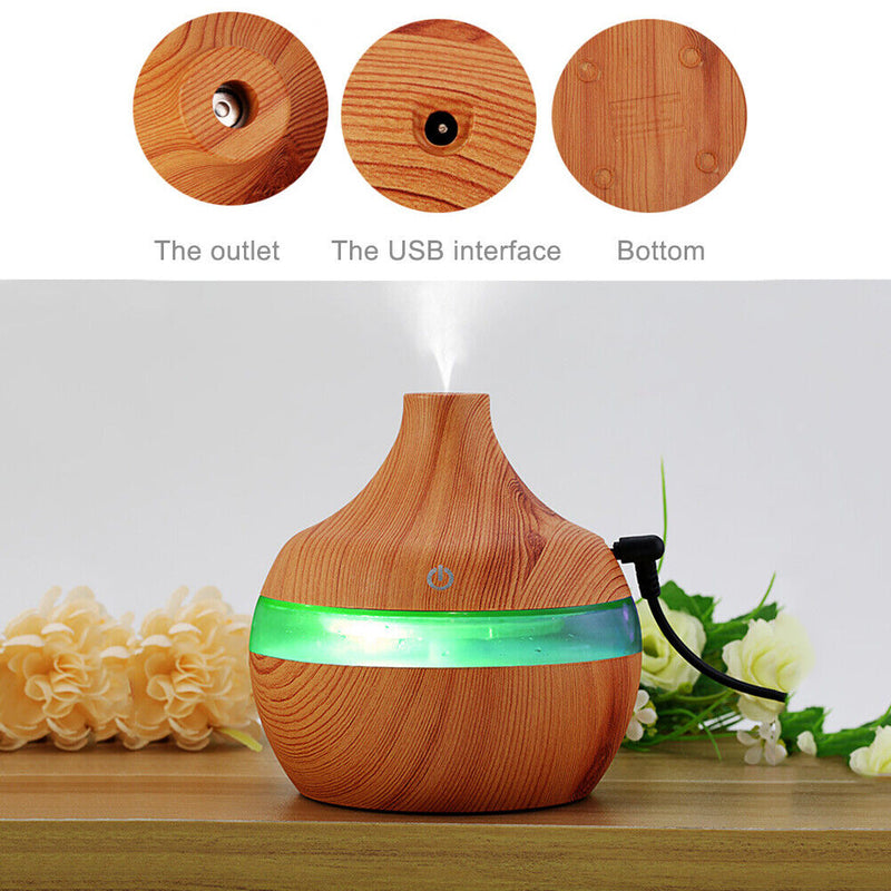 USB 300ml Humidifier Purifier Wood Grain LED Essential Oil Diffuser