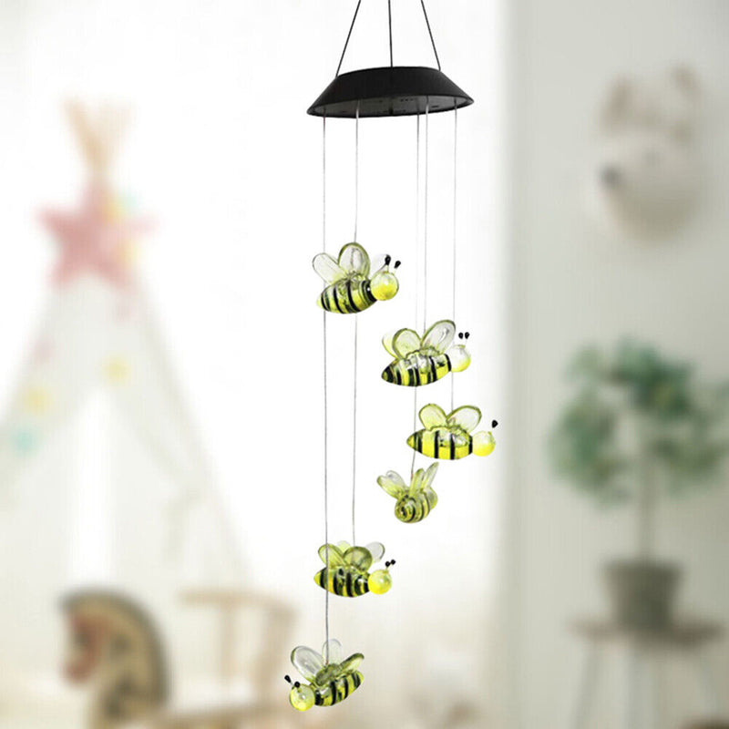 Solar Power Wind Chime Lamps Honey Bee Outdoor Hanging Light Home Garden Decor