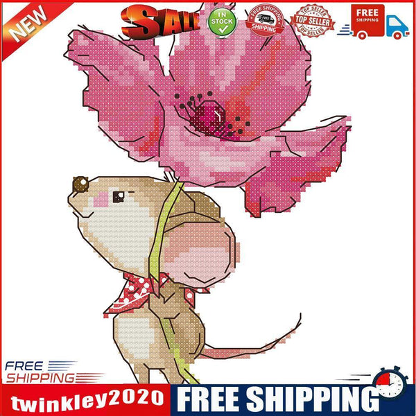 Partial Embroidery 14CT DIY Mouse with Flowers Printed Cross Stitch Kit Art