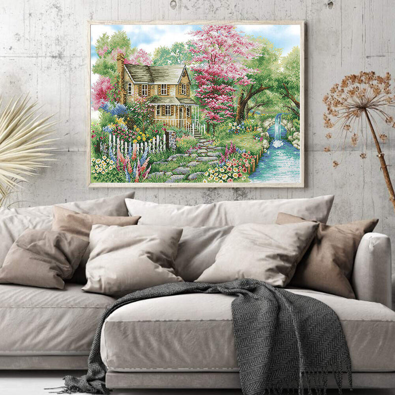 Full Embroidery Mountain Villa Stamped 11CT Needlework Set DIY Cross Stitch K