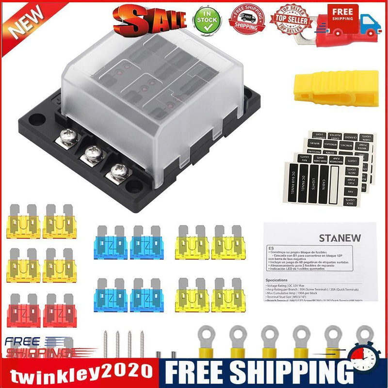12-32V 6 Way Car Boat Fuse Box with LED Indicator Holder for ATP/ATC/ATO