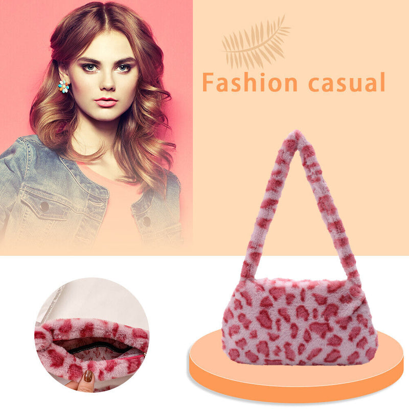 Animal Pattern Underarm Bag Women Mini Plush Shoulder Handbags Purse (9)