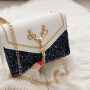 Women Casual PU Hit Color Sequins Shoulder Bag Fashion Chain Tassel Flap Purse