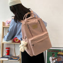Casual School Bags Solid Color Simple Student Bookbags Bear Pendant for Shopping