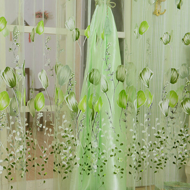 Tulip Flower Yarn Sheer Window Curtain Scarf Drapes for Bedroom (Green)