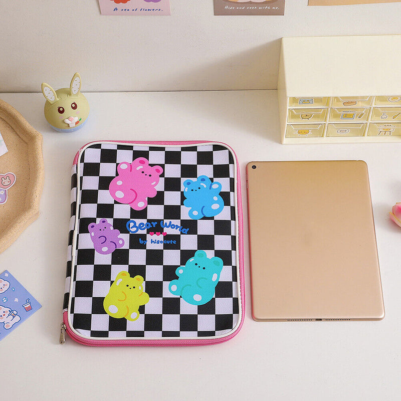 Girl Cartoon PU Checkerboard Pattern Tablet Case Zipper Clutch (Black) Newly