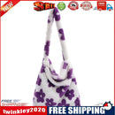 Women Plush Flower Pattern Handbag Lady Warm Large Shoulder Bag (Purple)