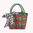 Handmade Woven Plaid Basket Tote Women Silk Scarf Small Handbag (Green)