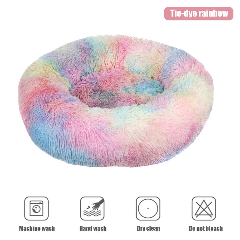 Calming Dog Bed - Round Faux Fur Donut Cuddler for Dog & Cat (Rainbow) Newly