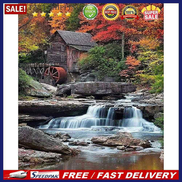 Hut by Waterfall Oil Paint By Numbers DIY Handpainted Home Decoration Unframed