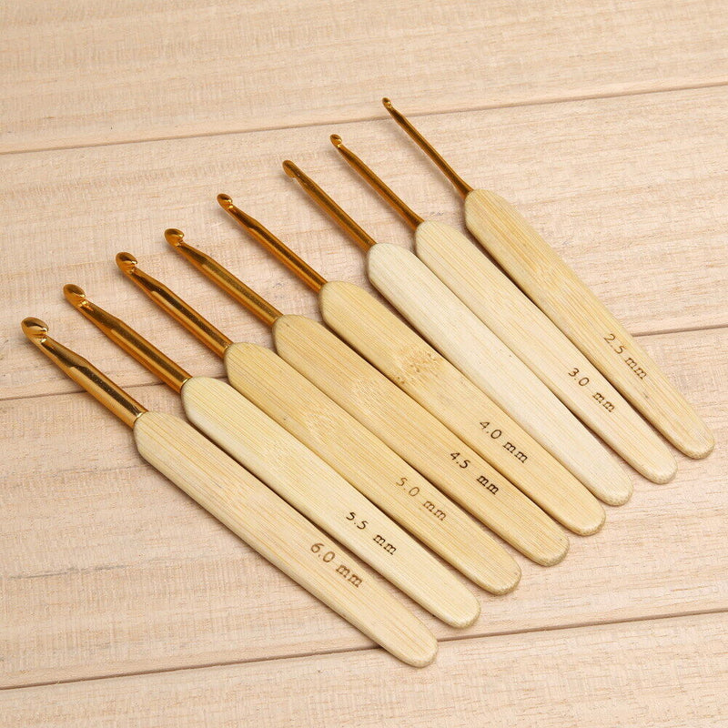 8pcs 8 sizes Bamboo handle Golden Aluminum Crochet Hooks Needles 2.5mm-6mm Newly
