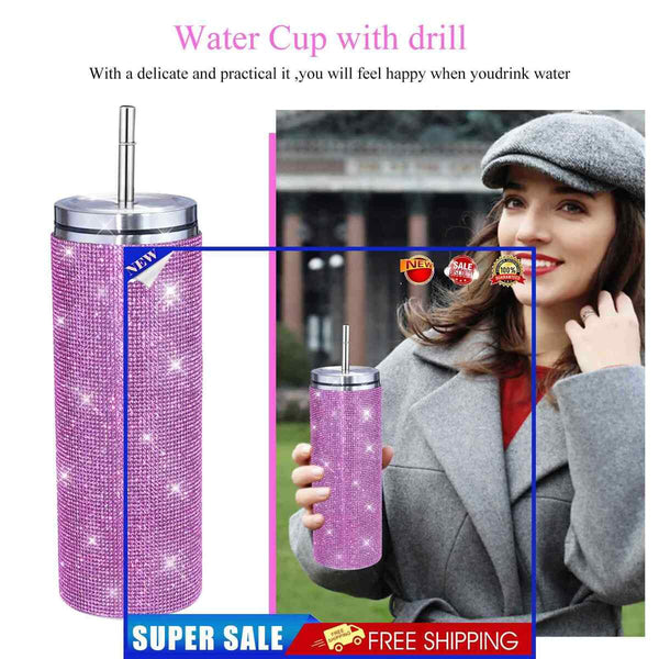 #A 600ml Sparkling Diamond Straw Cups Leak-proof Sports Vacuum Flask for Women