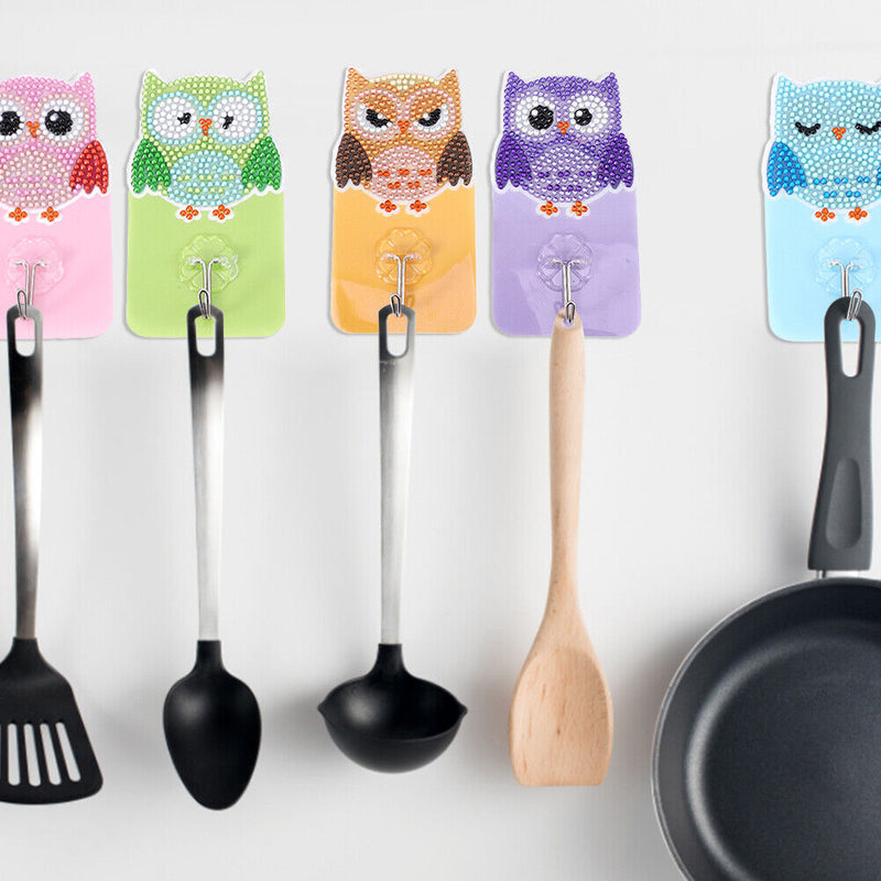 6pcs DIY Hanging Hooks Owl Bird Crystal Round Drill Diamond Painting Hooks Kit
