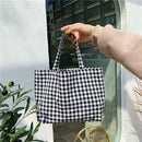 Women Portable Cloth Shopping Handbag Tote Plaid Food Picnic Bags (Black)