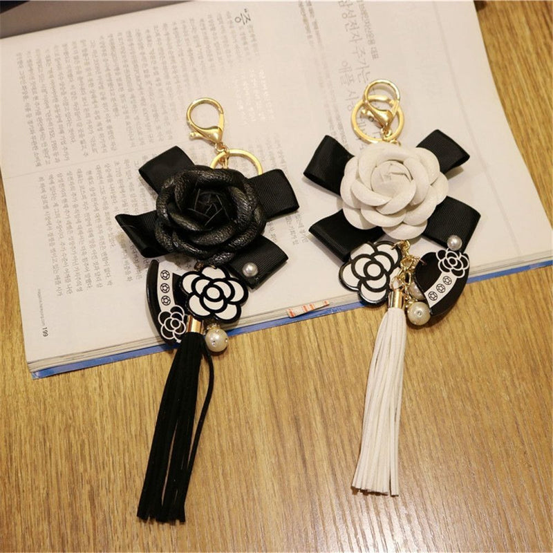 Decoration PU Camellia Bag Pendant Tassel Car Key Ring Keychain For Women|Girls