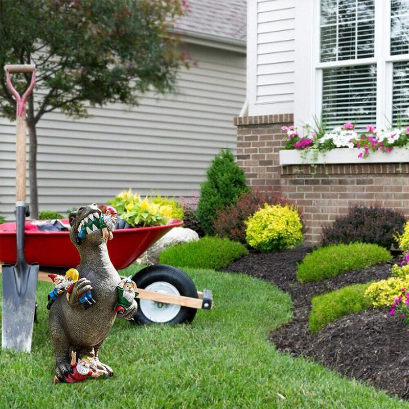 Dinosaur Eating Gnomes Garden Statue Outdoor Art Sculpture for Patio (S) Newly