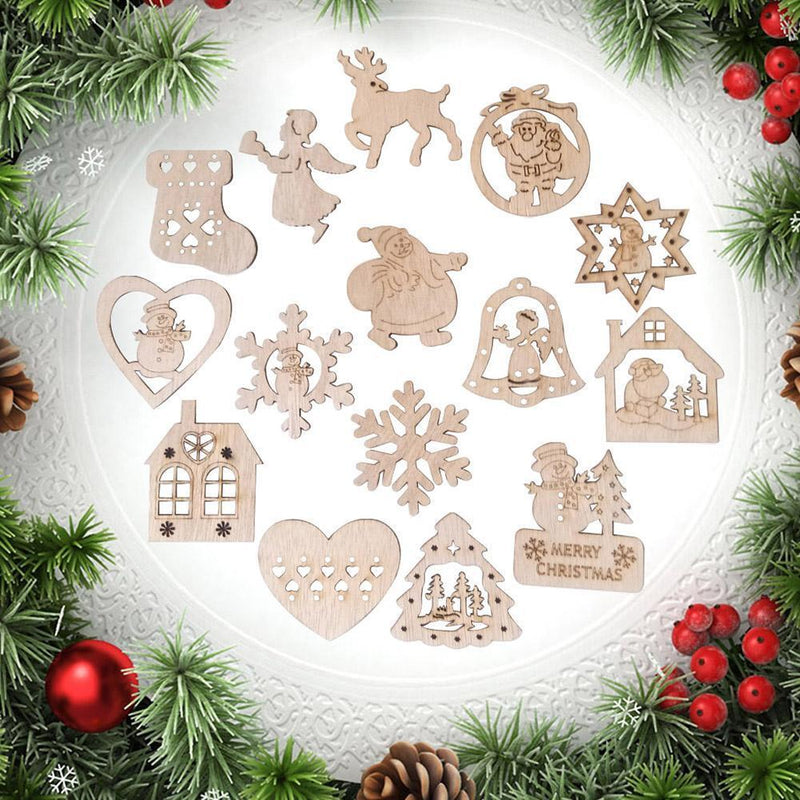 15pcs Christmas Hollowed-out Hanging Ornament Wooden Pendant Room Decoration