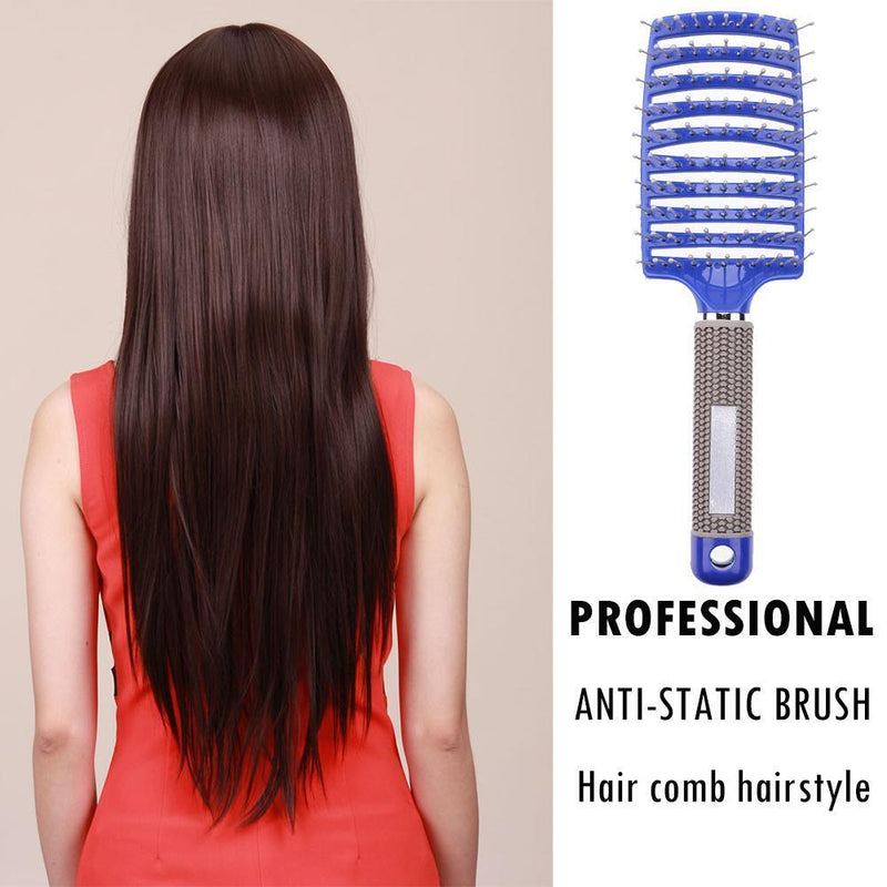 Plastic Nylon Anti-Static Hair Brush Curved Row Scalp Massager Comb (Blue) Newly