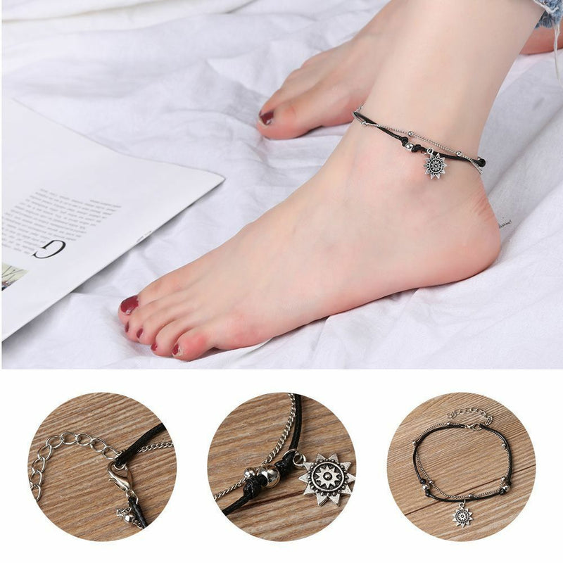 Women Summer Beach Leather Jewelry Anklets Sun Pendant Beads Charm  Foot Chain