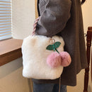 Women Soft Plush Cute Female Totes Handbags Cherry Bags Shopping Bags