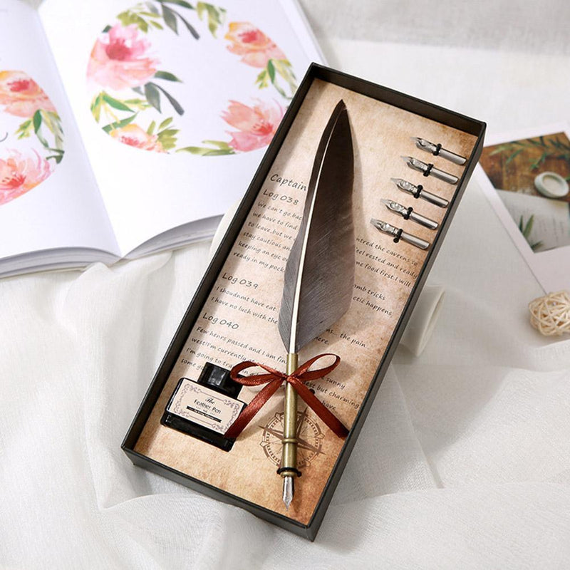Retro Calligraphy Quill Feather Dip Pen Writing Ink Set Birthday Gifts(Grey