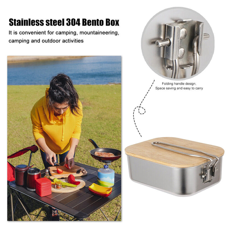 Steel Lunch Box Bamboo Wood Cover Portable Picnic Barbecue Bento Container Newly
