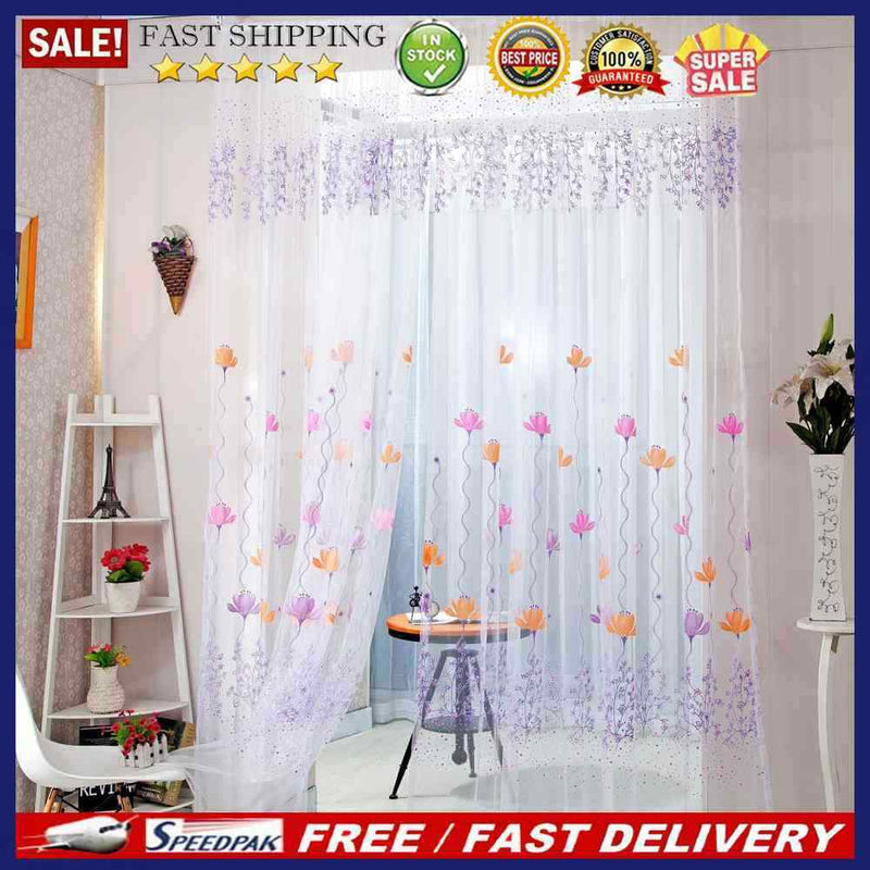 Flowers Print Translucent Curtains Windows Decor Tulle Sheer Drapes Purple