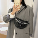 Fashion Solid Chest Bag Women PU Leather Beaded Chain Fanny Pack Crossbody Pouch