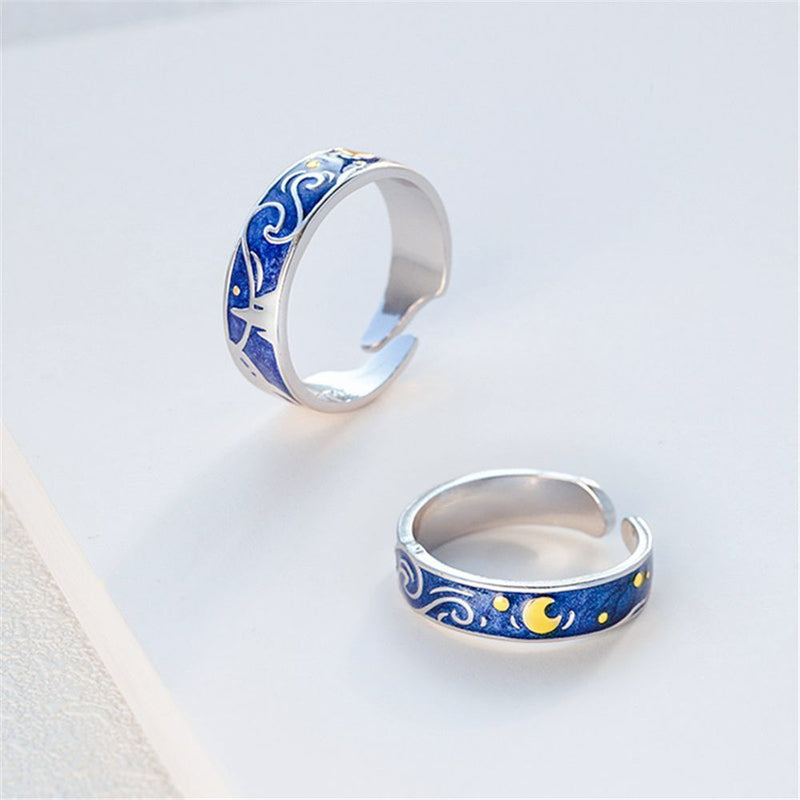 Day Present Romantic Weddings Van Gogh Couple Rings Starry Sky Adjustable