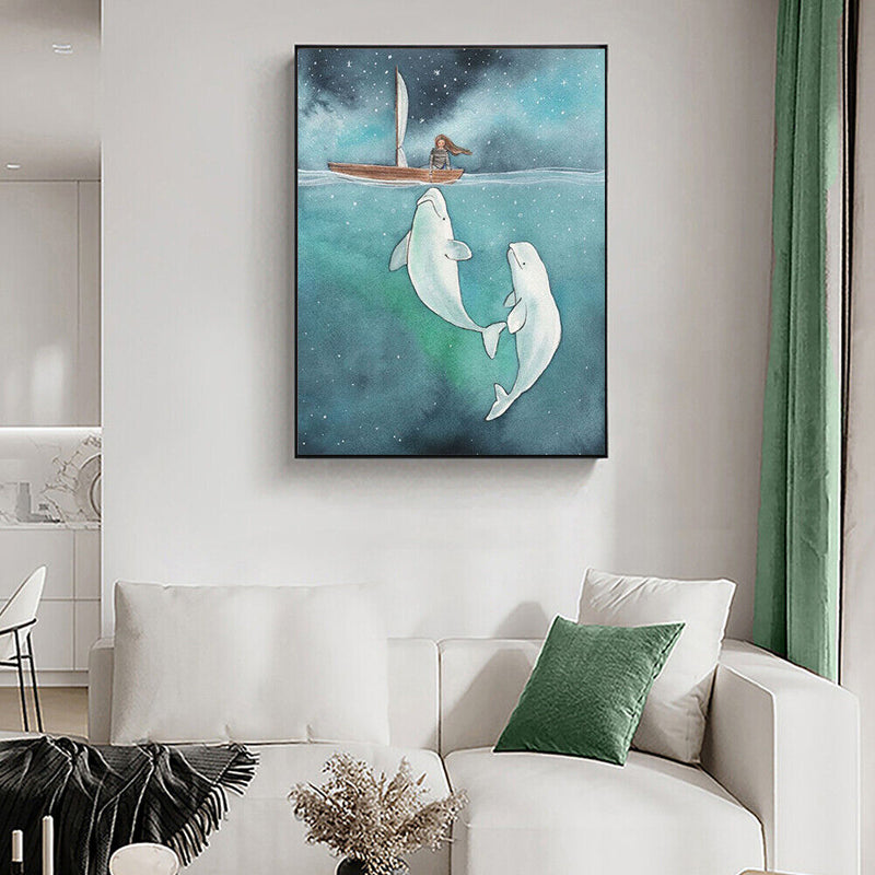 Frameless Oil Paint By Numbers DIY White Dolphin Girl Picture Craft Kit for Home