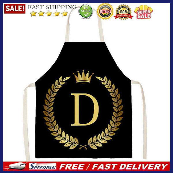 Letter D Printed Linen Apron Kitchen Waterproof Pinafore for Women Men Household