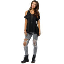 Women Off Shoulder Short Sleeve Stretch T-Shirt Loose Blouse XXL Black