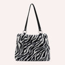 Women Fashion Zebra Stripes Cow Print Shoulder Bags Winter Plush Shopping Bag