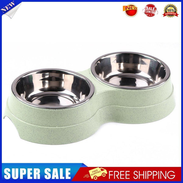 Dog Double Bowl Puppy Food Feeder Stainless Steel Pet Drinking Dish (Green)