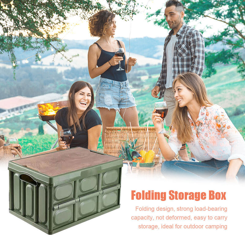 Folding Car Trunk Storage Box Wooden Lid Outdoor Camping Organizer (Green)