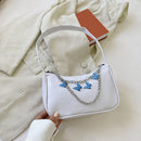 Retro Women Butterfly Chain Underarm Bag Casual PU Small Handbags (White)