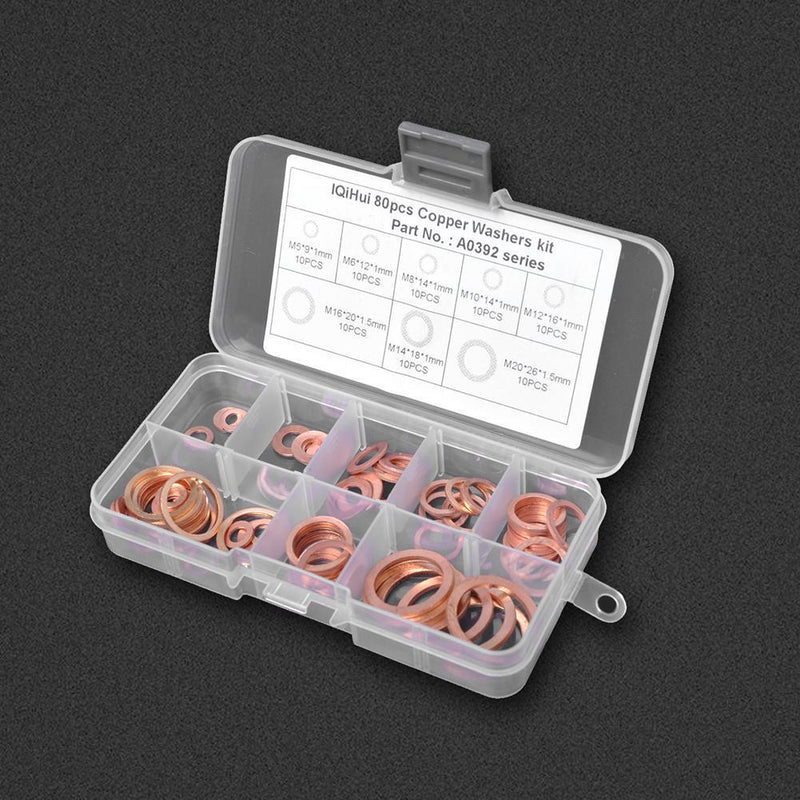 80pcs Assorted Copper Washer Set Flat Ring Seal Assortment Kit with Box Newly