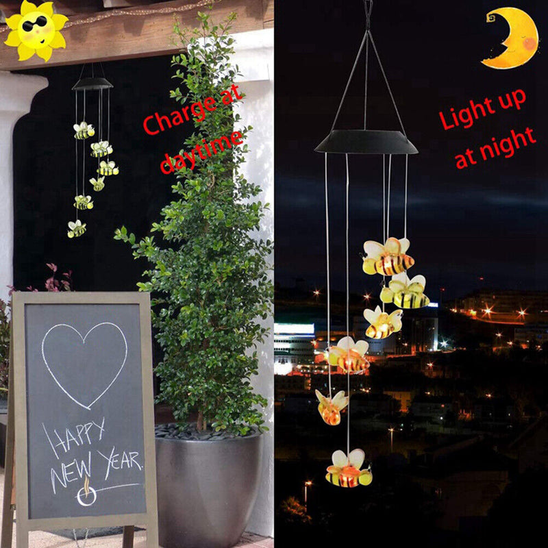 Solar Power Wind Chime Lamps Honey Bee Outdoor Hanging Light Home Garden Decor