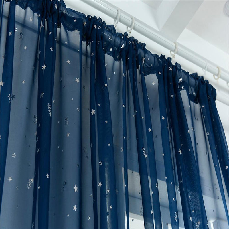 Star Print Tulle Curtains Window Drapes Sheer Purdah for Home(Dark Blue)