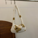 Retro Women Flower Print Shoulder Underarm Bag Winter Plush Purse (Khaki)