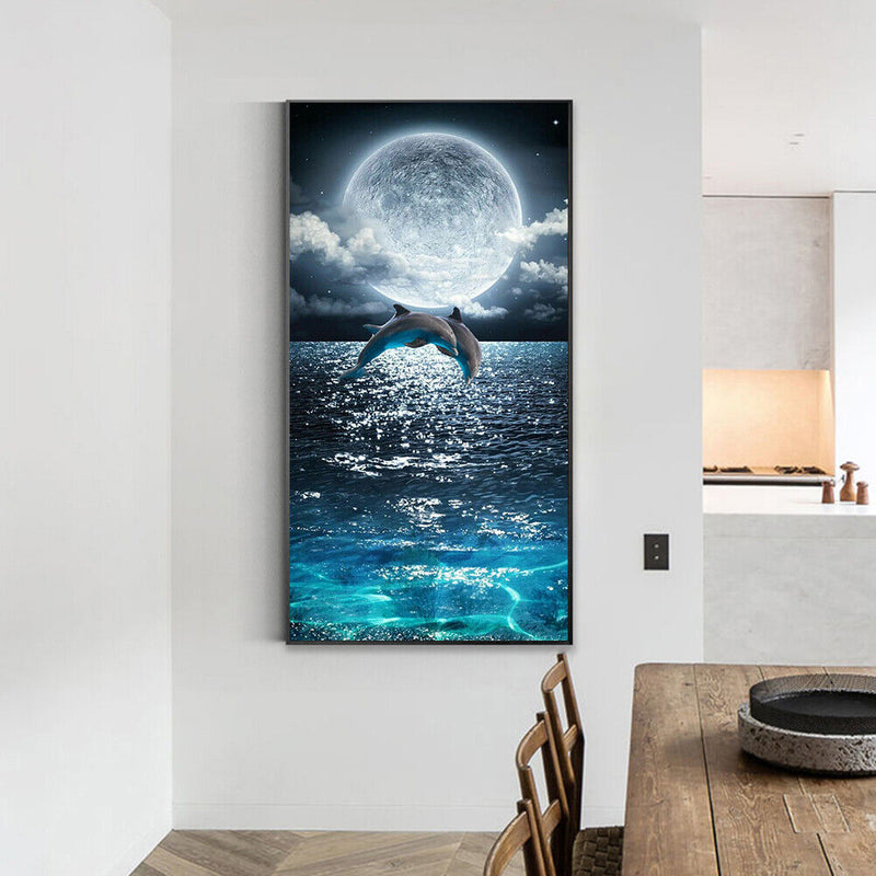 Dolphin Moon Oil Paint By Numbers DIY Handpainted on Canvas Wall Pictures