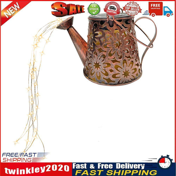 LED Solar Watering Can Lamp Garden Shower Art Metal Iron Kettle Light (C) Newly
