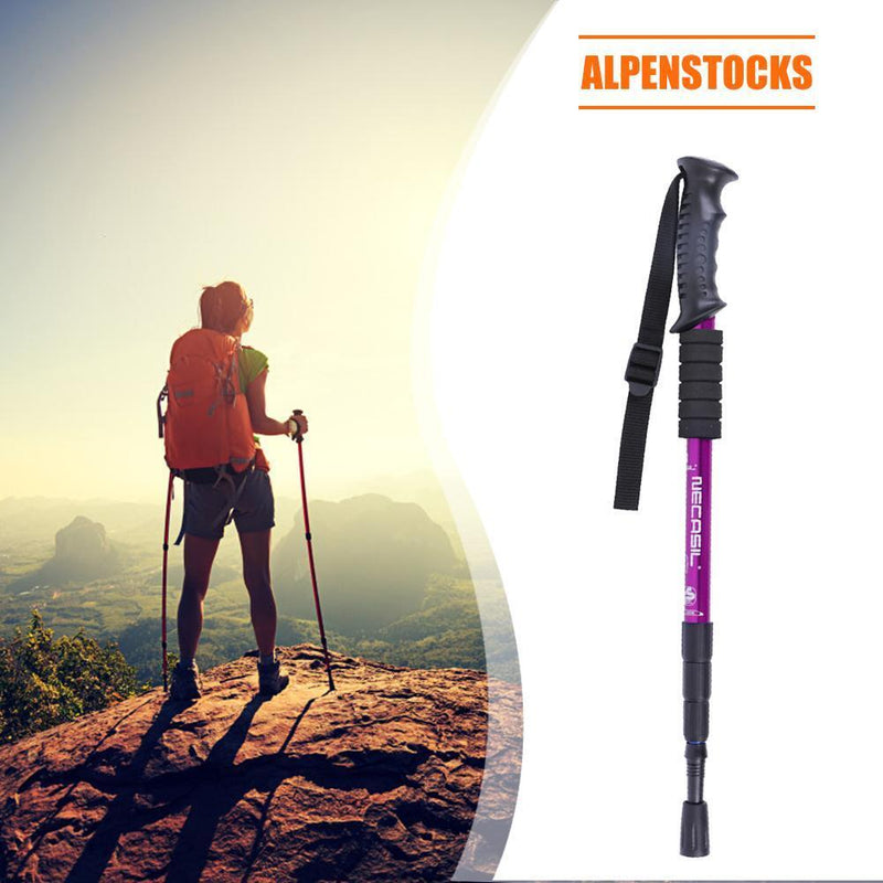 Trekking Pole 4 Sections Aluminum Telescopic Hiking Walking Cane (Purple) Newly