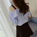 Fashion Women Short Sleeve Stripe Off Shoulder Loose T-Shirts Tops (Blue M)