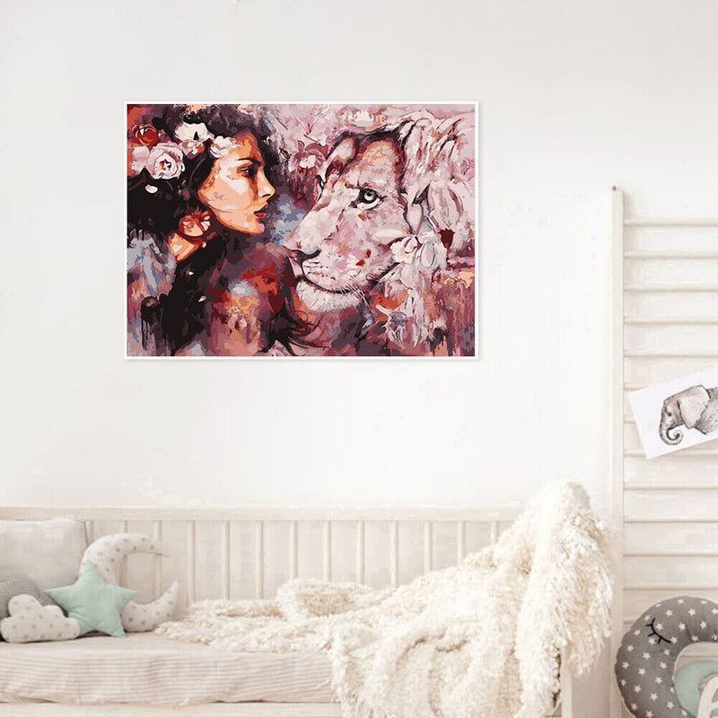 Frameless Painting By Numbers Girl and Beast DIY Handmade Drawing On Canvas Gift