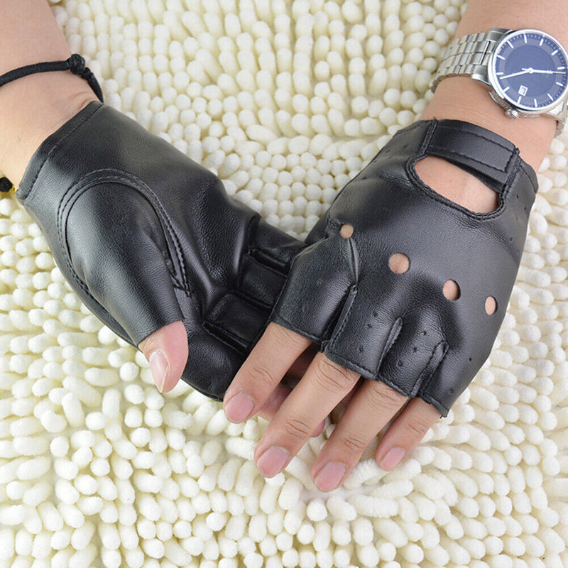 Adults Fashion Anti-Skid Half-Finger Hollow Leather Gloves Hip-Hop Rivet Glov